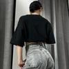 Черная уличная длинная футболка со стразами Femme Rhinestone Aesthetic One Size с вырезом, летний повседневный топ