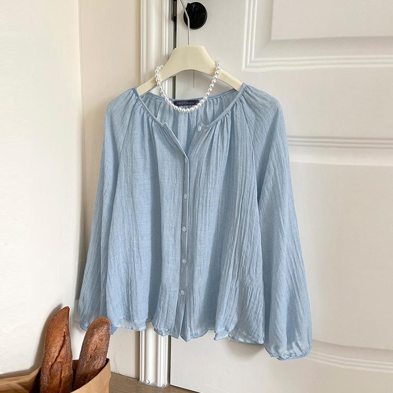 

ZANZEA Женская повседневная блузка с круглым вырезом и длинным рукавом, свободная, накидка M синий