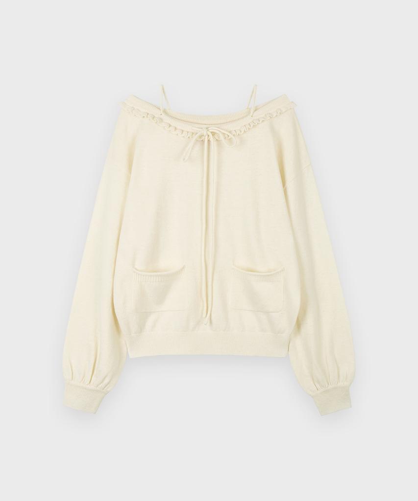 SINOON Ruffle Lace-Up Boatneck Knit (Ivory)