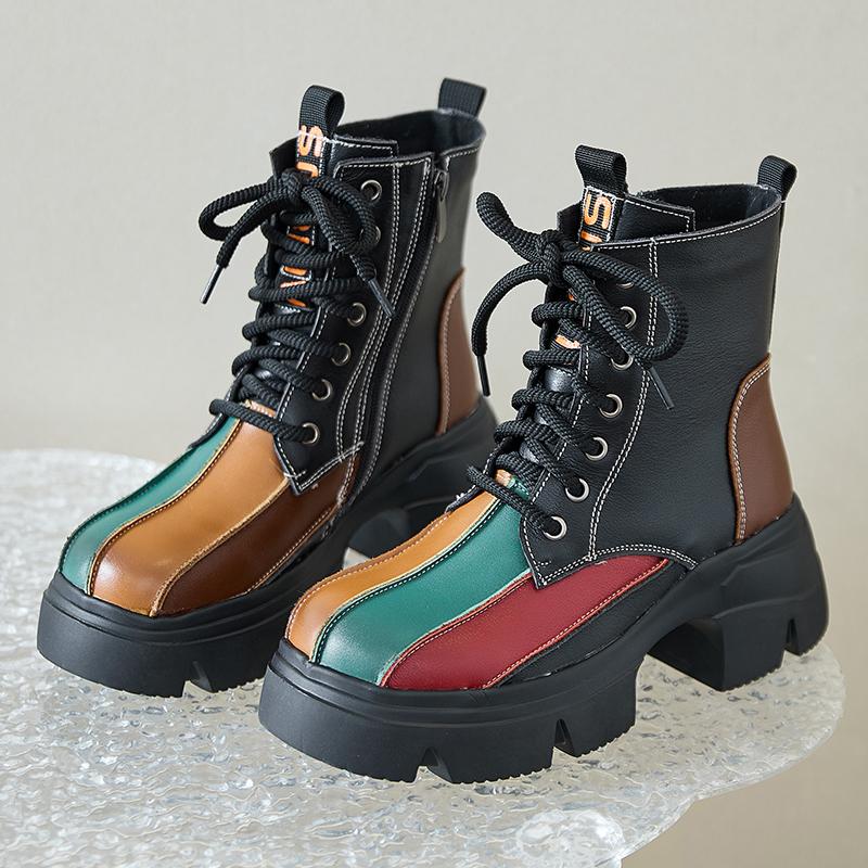 Fashion GKTINOO Retro Style Women Thick Soled Genuine Leather Mid-Calf Boots 2024 Autumn Winter Warm Platform Booties Zip Women's Shoes