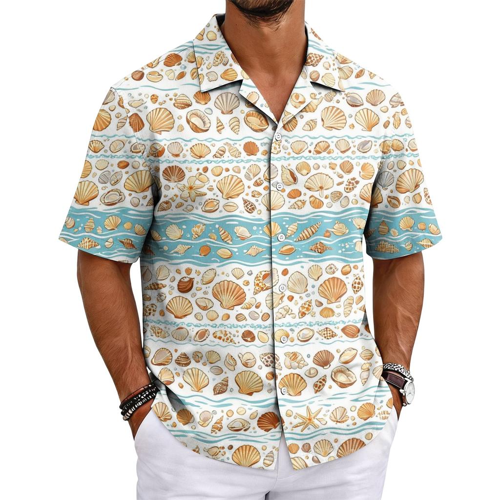 Men's Summer Hawaiian Print Cuban Collar Shirt Short Sleeve Button Down Casual Beach Shirt Lightweight Breathable Fabric