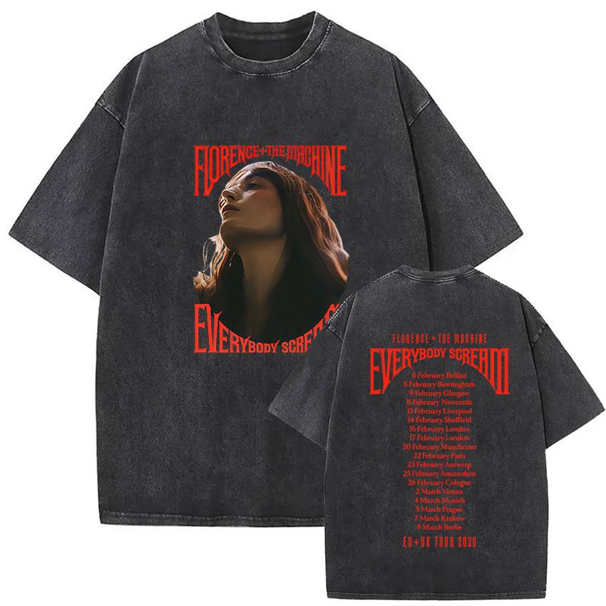 Vintage Washed Florence The Machine Everybody Scream Tour Graphic T Shirts Men Women Harajuku Aesthetic Oversized T Shirt