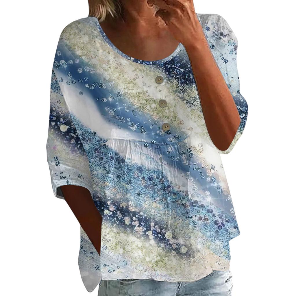 Women's Fashion Casual Three-quarter Sleeve Loose Round Neck Button Floral Print Top