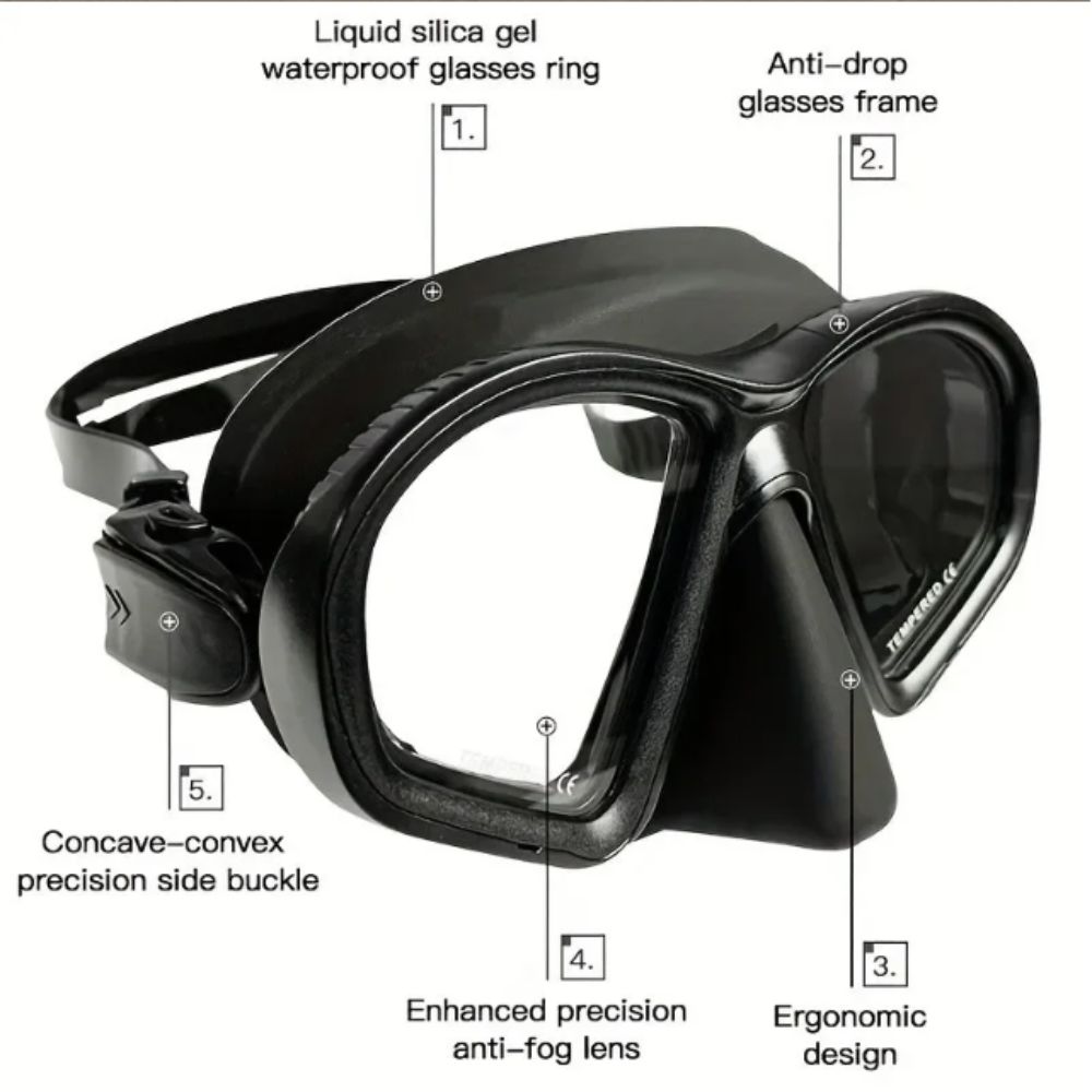 Tempered Glass Freediving Mask J-Type Diving Mask Waterproof Diving Mask Anti-Fog Foldable Snorkel Snorkeling Set Diving