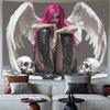 Pink Hair Angel With White Wings Skulls Tattooed Woman Wall Tapestry Gothic Art Decor Dark Aesthetic Home Interior Design