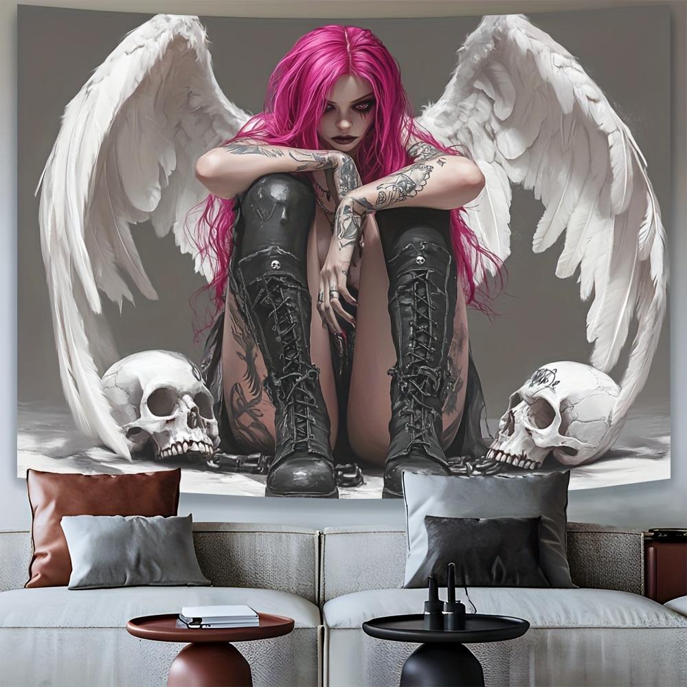 Pink Hair Angel With White Wings Skulls Tattooed Woman Wall Tapestry Gothic Art Decor Dark Aesthetic Home Interior Design