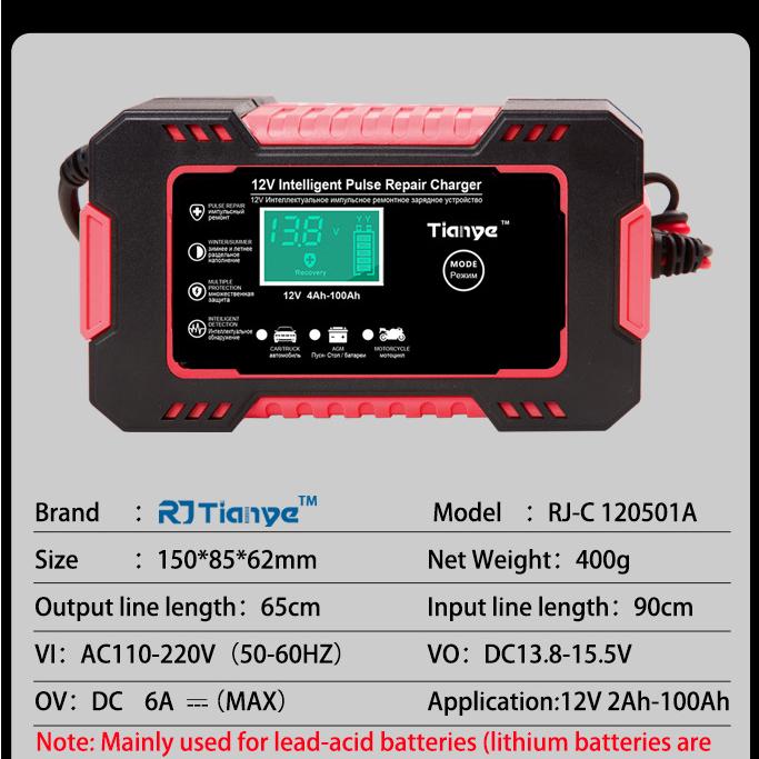 EU Plug Car Battery Charger, 12V 6A Intelligent Battery Trickle Charger Car 12V Battery Maintenance Car Truck Motorcycle Lead-acid Battery
