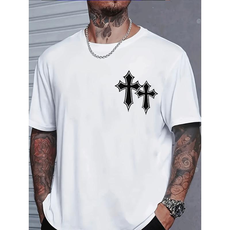 Europäische Größen Herren Freizeit Rundhals T-Shirt Doppelkreuz Druck | Street Style, Normale Passform, Leicht, Atmungsaktiv