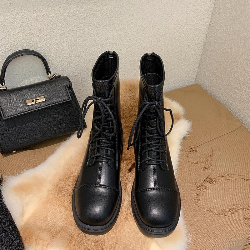 Leather short boots Martin boots women's new fashionable versatile winter velvet short tube flat-bottomed British style boots