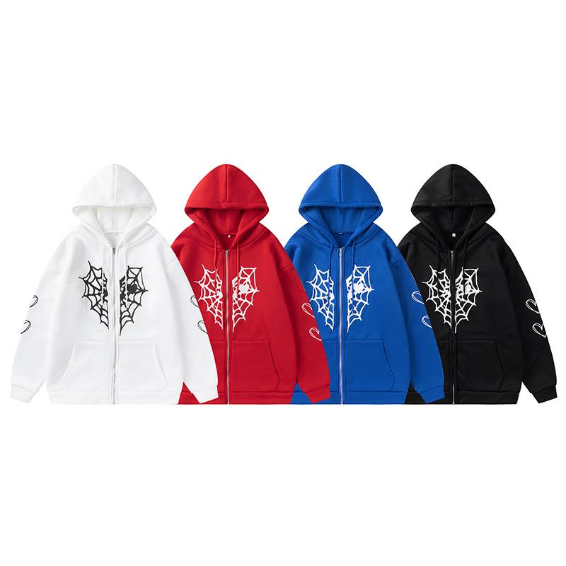 2024 Fall/Winter Unisex Spider Web Heart Print Fleece-Lined Hooded Cardigan Jacket