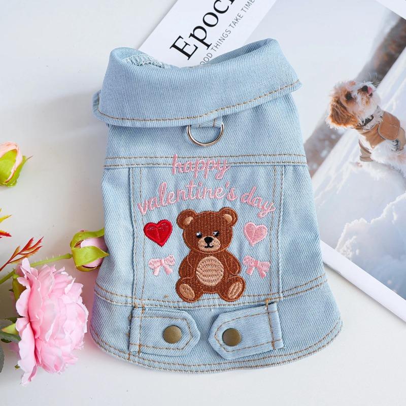 Valentine's Day Sweet Bear Pet Denim Vest, Light Blue Sleeveless Button Jacket with D-Ring for Small Dogs & Cats, Spring/Summer