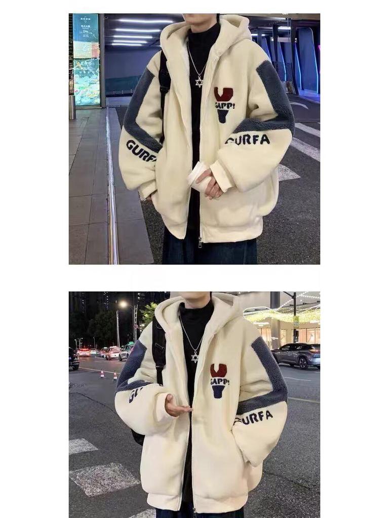Men's Youth Lamb Plush Jacket - Warm, Thick, Hooded Cotton Coat for Teens and Students.