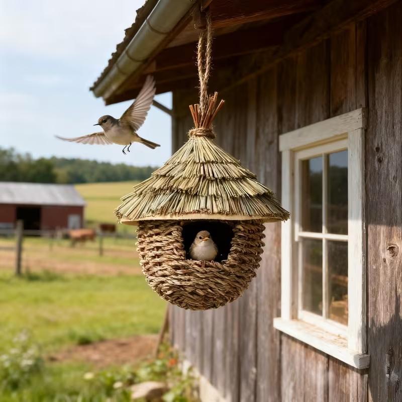 Handwoven Straw Birdhouse - Terrace Natural Nest Box with Straw Roof, Durable Indoor/Outdoor Birdcage, Suitable for Bird Lovers