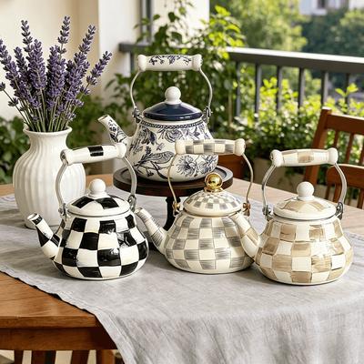 Black-and-white Checkered Enamel Teapot Vintage Checkered Teapot Hand-painted Enamel Teapot with Handle for Home Decoration