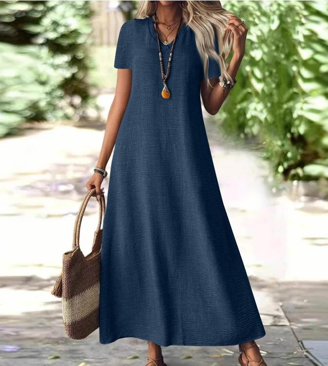 Abito Maxi da Donna con Scollo a V e Maniche Corte alla Caviglia in 12 Colori, Vestibilità Casual Ampia con Borsa a Tracolla