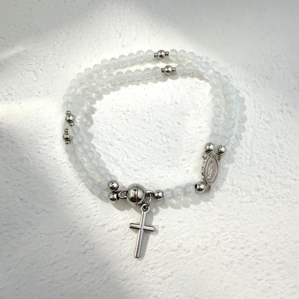 Color Crystal Beaded Cross Pendant Double Ring Bracelet, Simple and Versatile Stacked Bead Jewelry