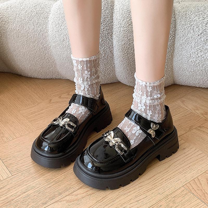 Metal Butterfly Small Leather Shoes Women's Spring and Summer Round Toe Shallow Mouth One Strap Platform Mary Jane Single Shoes