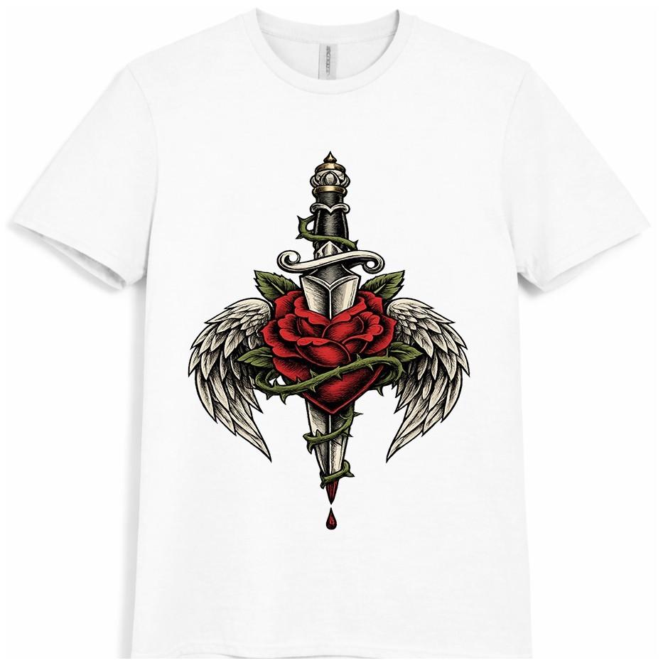 Dagger Rose T Shirt Angel Wings Gothic Tattoo Style Streetwear Graphic Tee