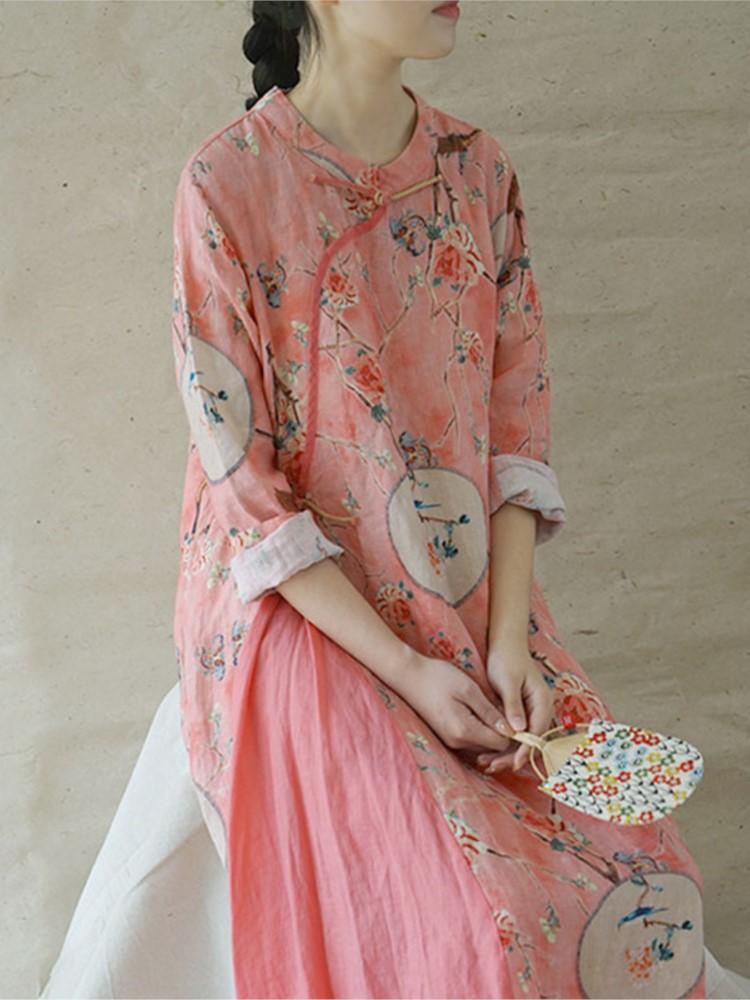 Johnature Women Retro Fashion Print Stand Plate Buckle Cheongsam Dresses Summer Cotton Linen Three Quarter Sleeve Dress