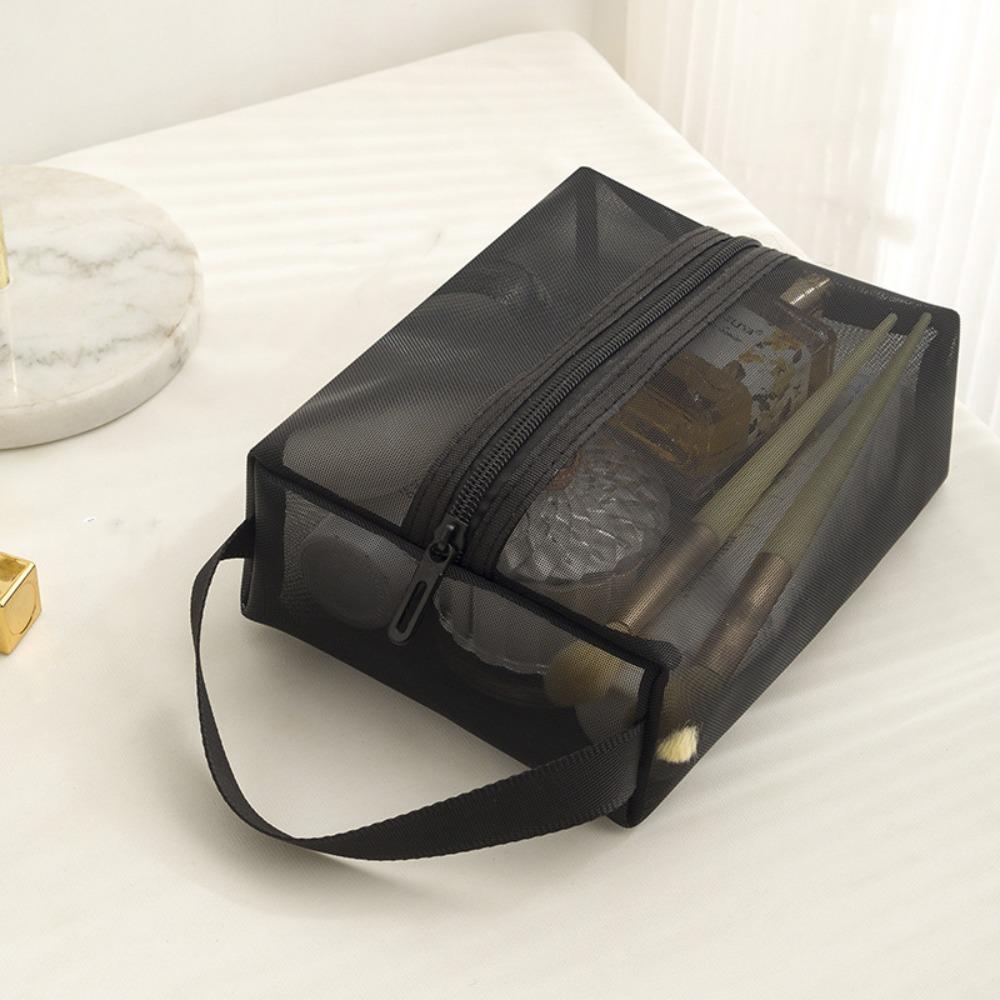 

Lightweight Mesh Makeup Bag Square Storage Toiletry Bag Casual Cosmetic Cases Bathroom Black-Small