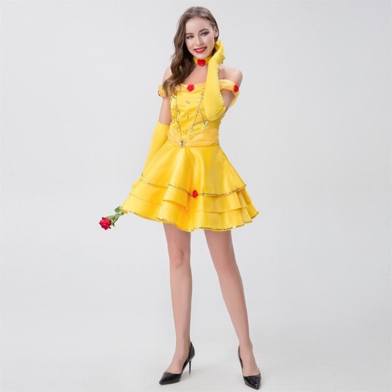 New Halloween Costume, Yellow Princess Short Rose Dress, Yarn Collar, Suspender, Stage Role-playing