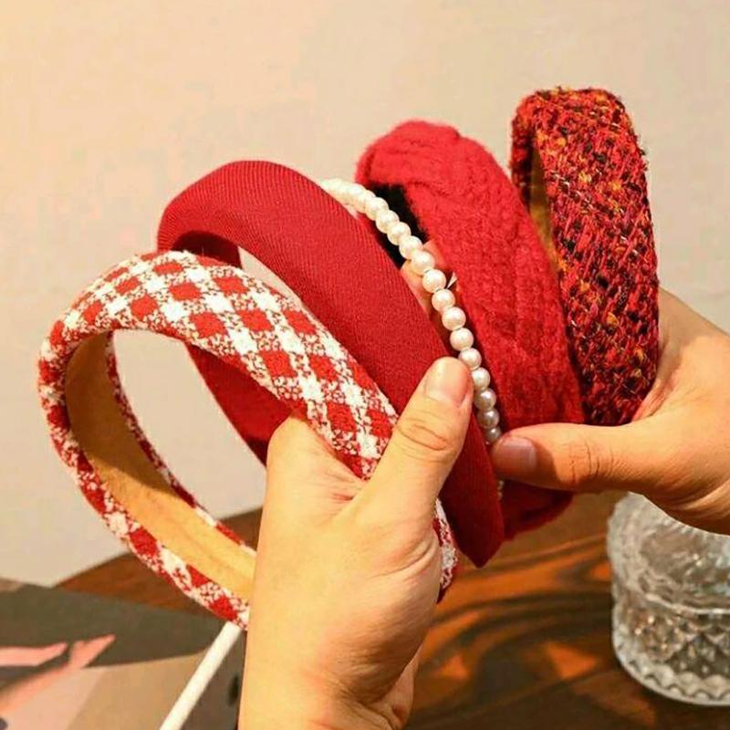 3Pcs Retro Red Women's Headband Velvet Headband Headband With Plaid, Pearl, Plush, Fabric, Knitted Mixed Design Wide Brim Sp