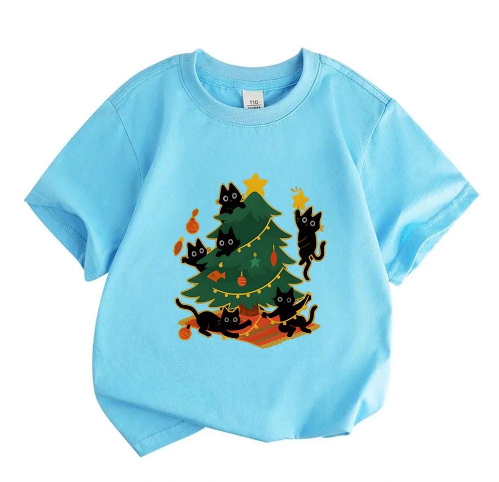 Kids Boys Girls 100% Cotton Crew Neck Short Sleeve T-Shirt, Funny Black Cats Decorating Christmas Tree Pattern Casual Xmas Tee for Children