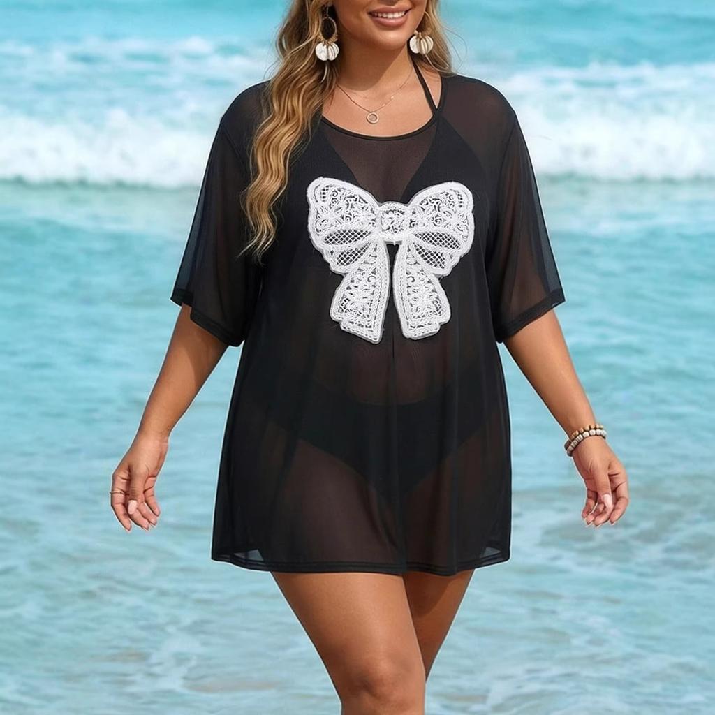 Plus-size Women's Sexy Netted Beach Dress, Bikini Top, Lace Bow Combination Dress
