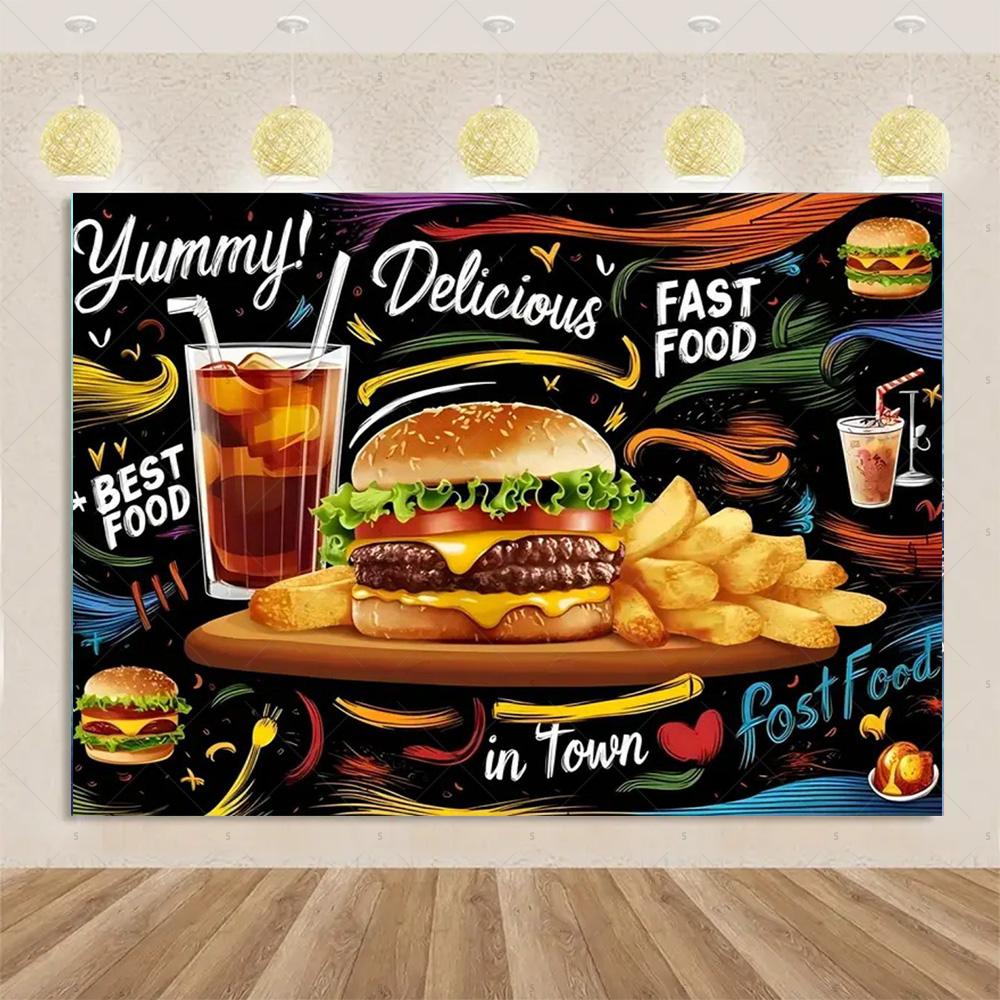 Pizza Hamburger Backdrop Supplies Quick Food Kid Birthday Party Decoration Cola French Fries Background Banner Photography Prop