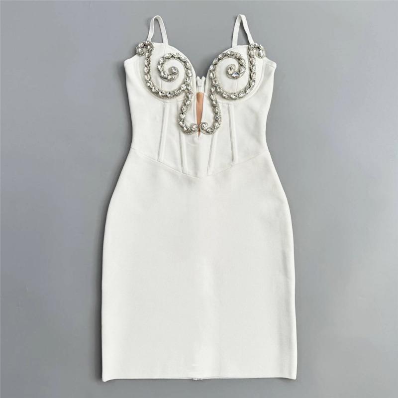 New Bandage Dress Suspender White Sexy Mesh Tight Niche Diamond-encrusted Mini Hip Skirt Women