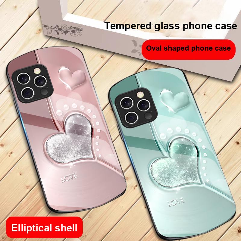 Gradient Love Silver For IPhone 16 Pro Max 15 Pro 14 13 12 Mini 11 XS Max XR 7 8 Plu SE 2022 Elliptical Glass Phone Case