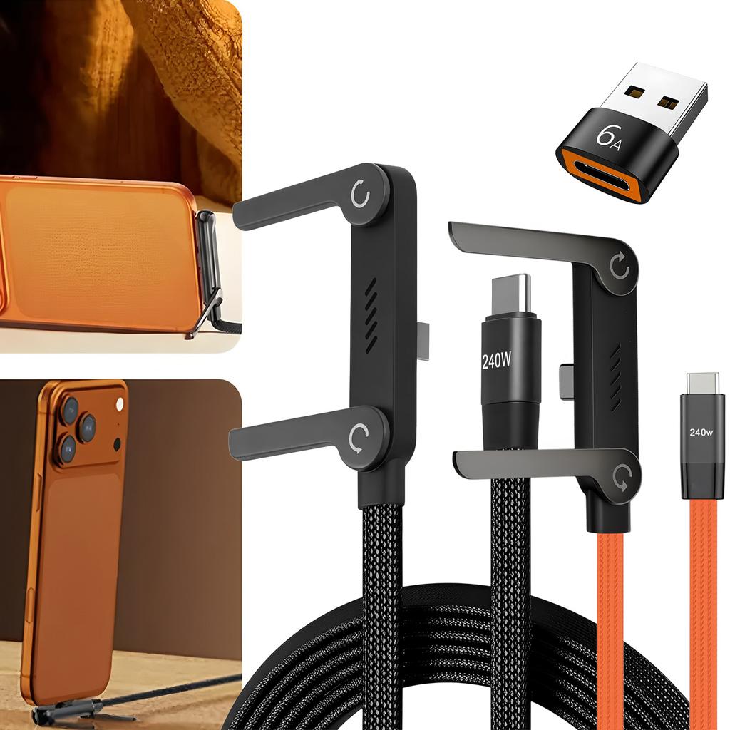 240W 2-in-1 Fast Charging Foldable Bracket Data Cable Type-C To Type-C USB To Type-C Data Wire with OTG Phone Stand