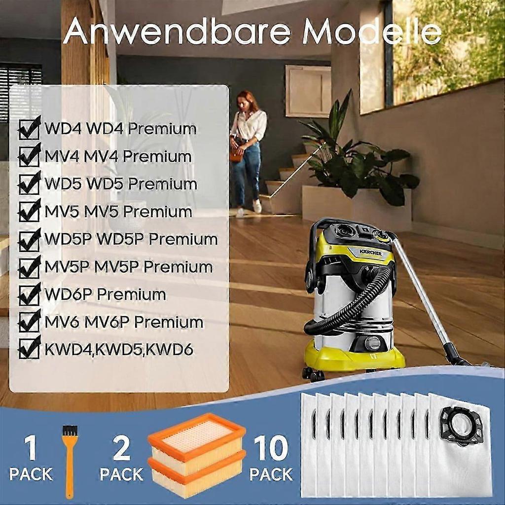 10 KFI 487 Vacuum Cleaner Bags with 2 KFI 4410 Filters for Karcher WD4 WD5 WD6 WD5P WD6P MV4 2.863-0