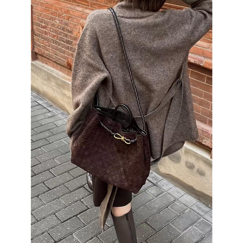 New women's bag frosted leather metal rope buckle leather woven niche simple large-capacity portable shoulder bag