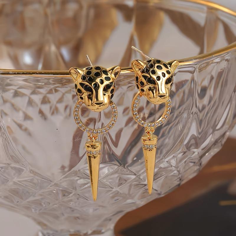 Gold Enamel Leopard Cone Dangle Earrings Personalized Hip Hop Trendy Punk Animal Jewelry Women'S Holiday Party Accessories