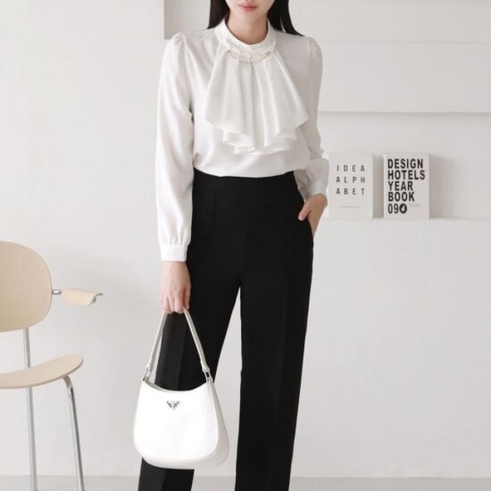 Style Latte Women S Chiffon blouSe With Pintuck caScade Pearl Necklace