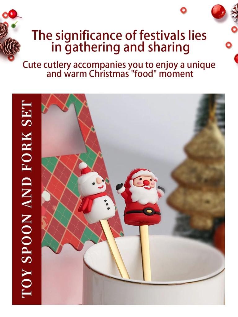 Leeseph Weihnachts-Kaffeelöffel-Gabel-Set (4/6 Stück), Edelstahllöffel Gabeln Weihnachtsgeschenke für Kinder(Rot/Grünes Geschenkbox-Set)
