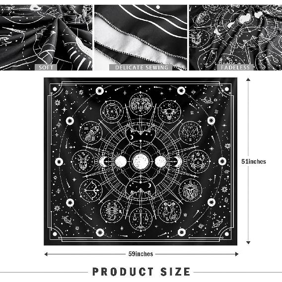 Zodiac Astrology Tapestry - Black and White Constellation Wall Hanging for Teen Girl's Bedroom, Living Room, Dorm (51x59 inches)