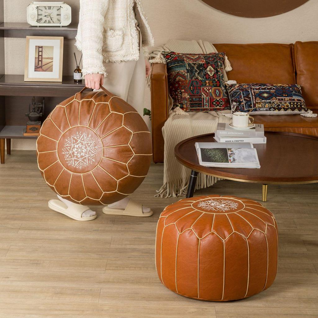 Moroccan Style Oil Wax Leather Floor Stool & Tatami Futon Seat Cushion