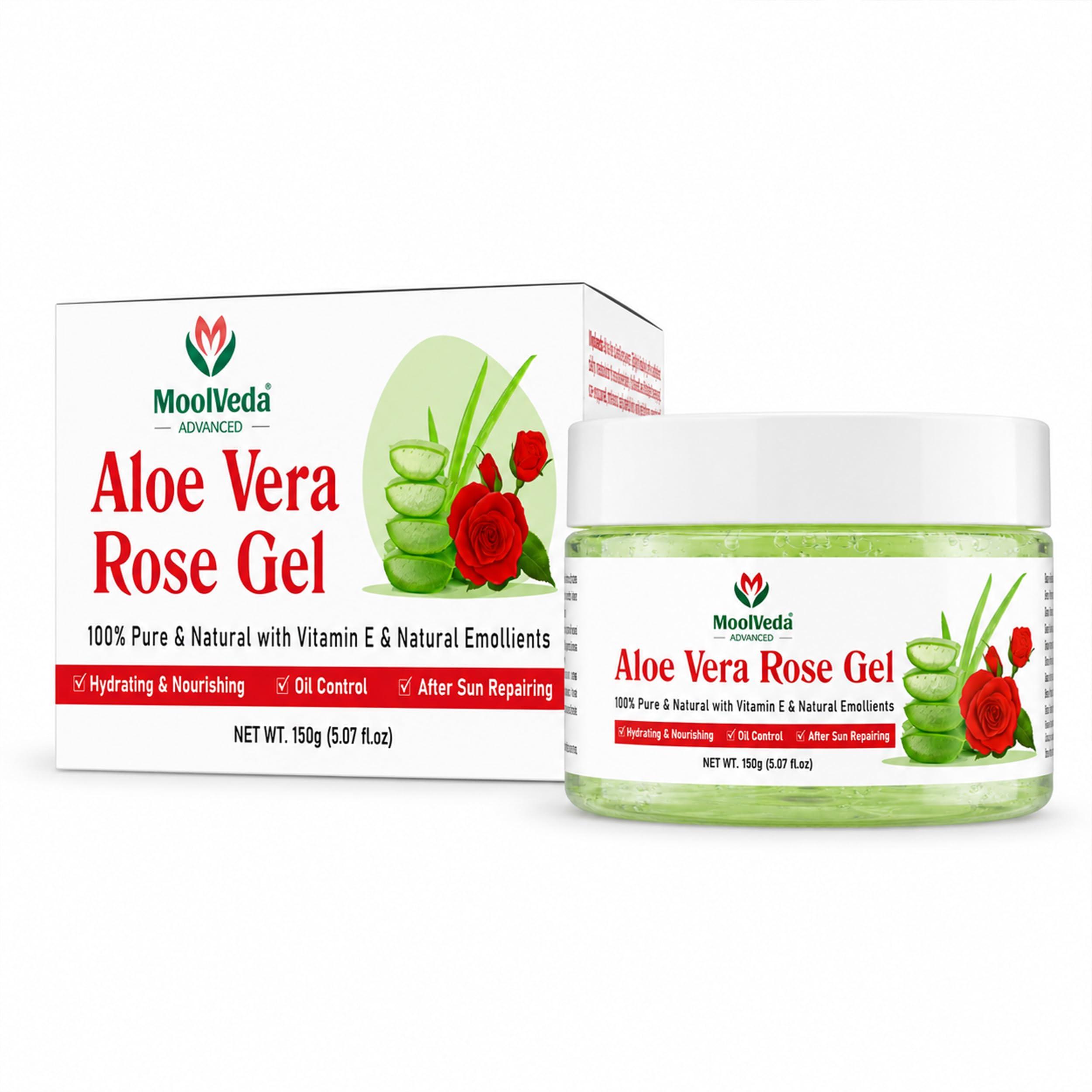 Moolveda Aloe Vera Rose Gel Pure & Natural Moisturizer for Face, Skin & Hair | Hydrating & Soothing Aloe Vera Gel with Rose Extracts | Non-Sticky,