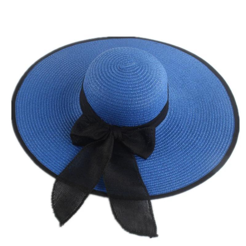 Lady Casual Wide Brim Straw Hat Big Bowkno Summer Fashion Sun Hats Beach Flat Panama Beach Cap Black Bow for Women Accessories
