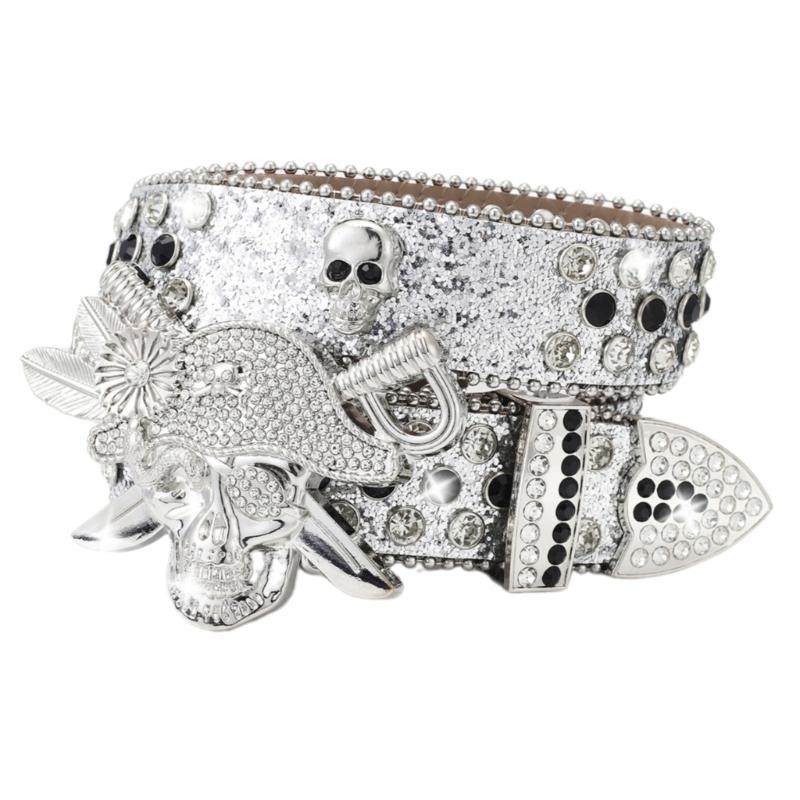

Punk Rhinestones Studded Belt for Adult Vintage Waistband All Matching Sequined Waist Belt Skull Buckle Belt Waist Decors M