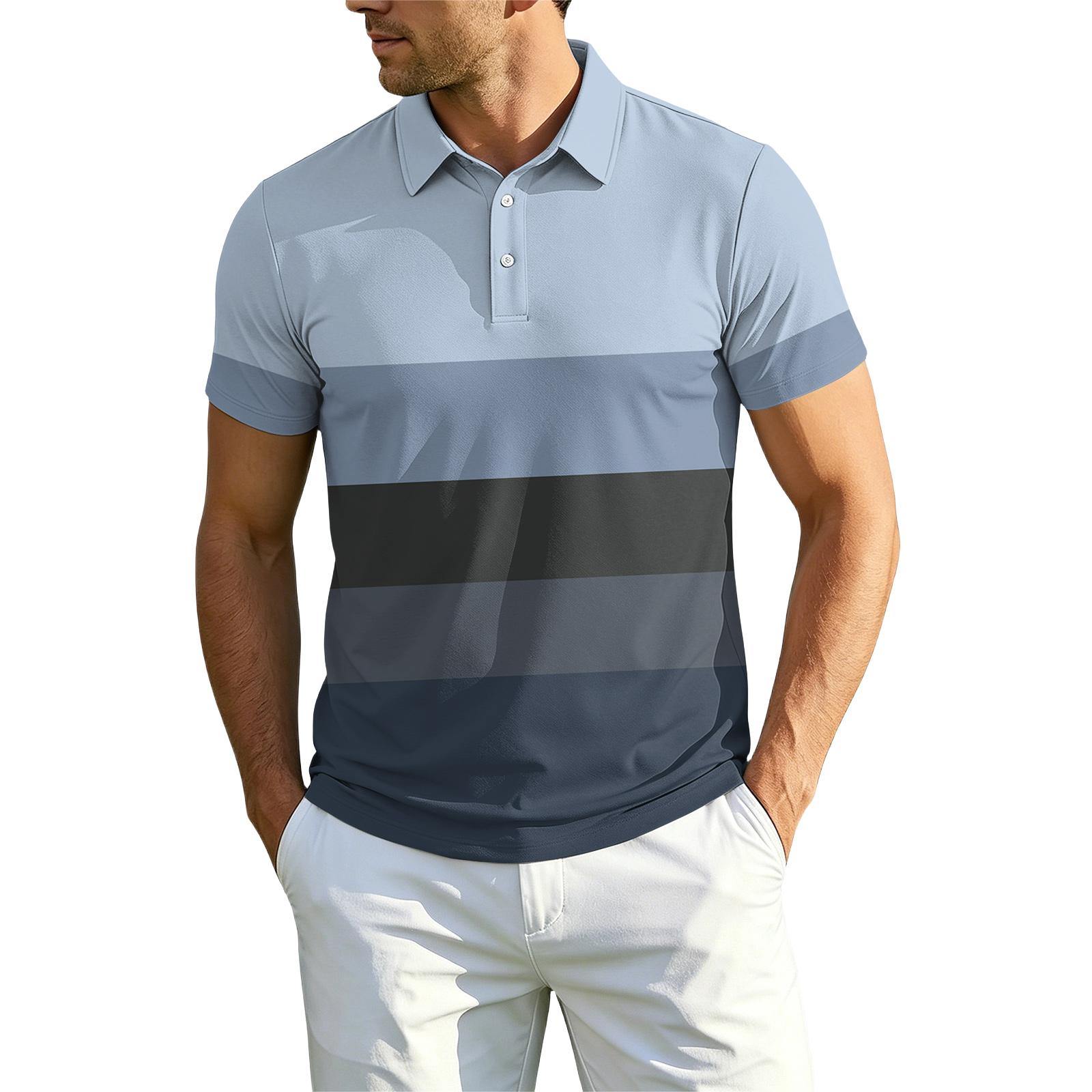 

Men’s Short Sleeve Polo Shirt Classic Fit Striped Print Lightweight Breathable Soft Fabric Casual Top with Button Placket L