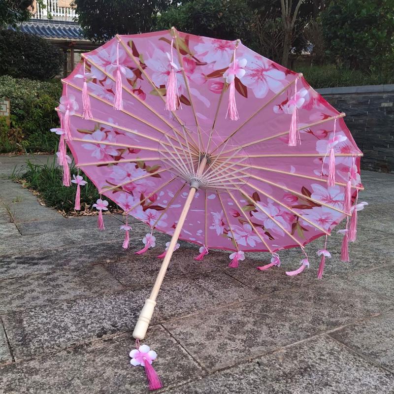 1PC Umbrella 70/82CM Oil Paper for Women Girl Performance Photo Props Antique Umbrella Parasol Satin Cloth Tassel