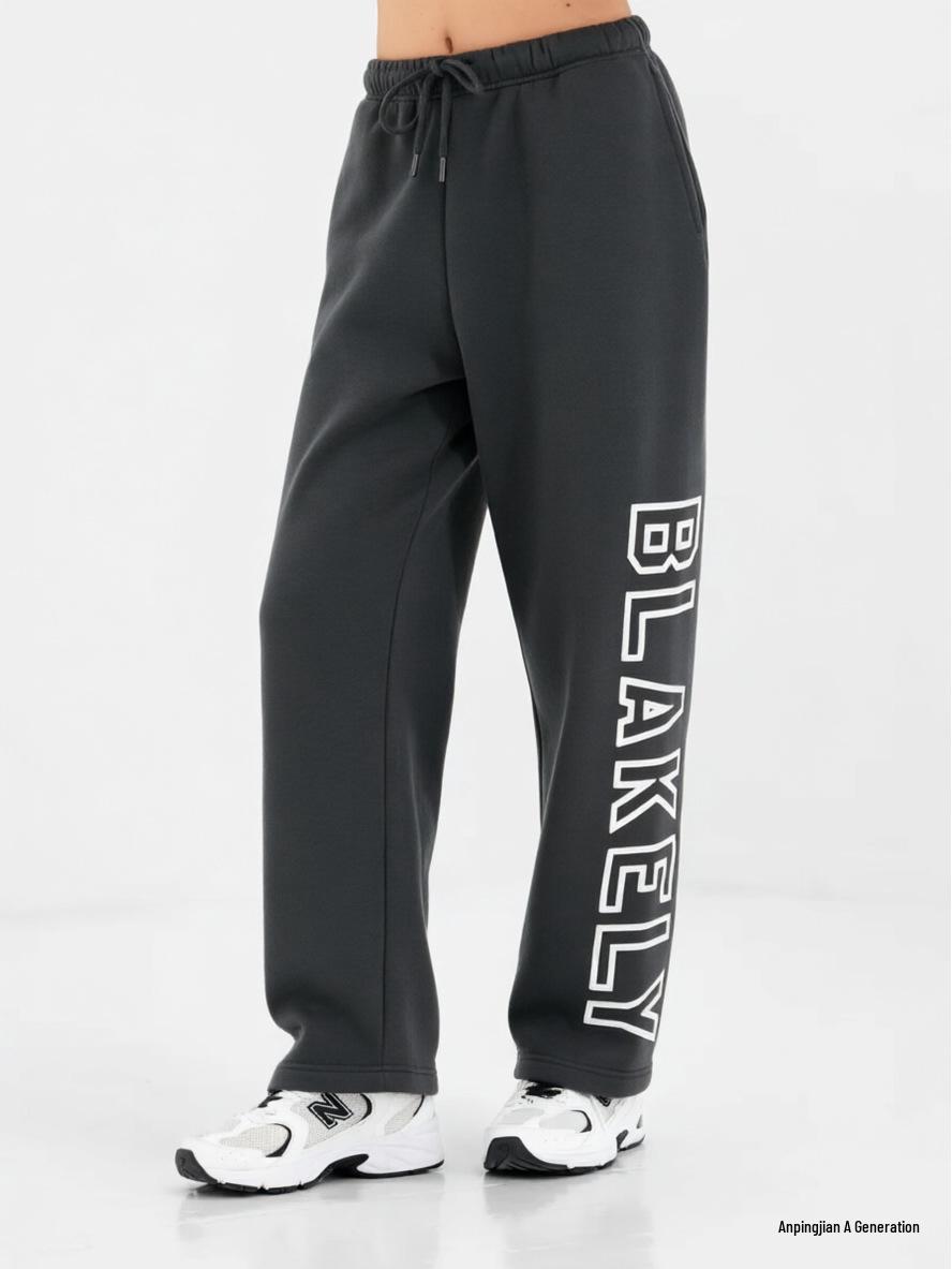 American Street Style Wide-Leg Letter Print Drawstring Sweatpants M