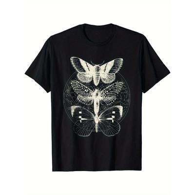 Moth Illustration Witchcore Graphic Print Cotton Crew Neck T-Shirt for Men Casual