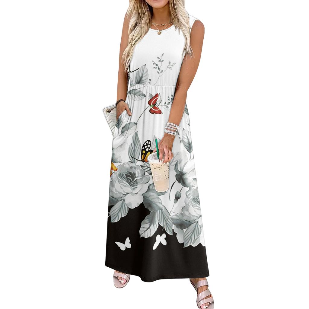 Ladies' Floral Print Casual And Fashionable Waist Cinched Sleeveless Dress
