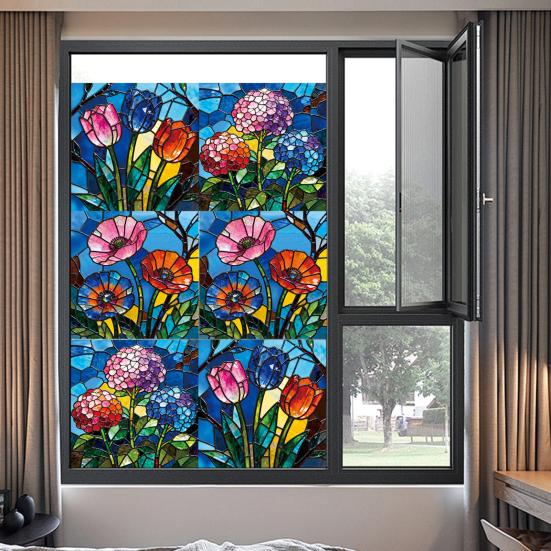 3 Pcs Stained Glass Flowers Window Privacy Film Colorful Floral Window Clings Sun Blocking Removable Static Stickers for Living Room Bathroom