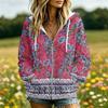 Women's Casual Floral Print Long Sleeve Hooded Jacket with Pockets and