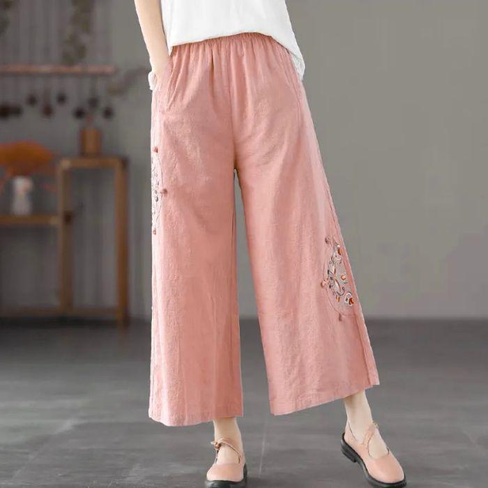Spring/Summer Plus Size Loose Cotton Linen Embroidered Retro Wide-Leg Pants